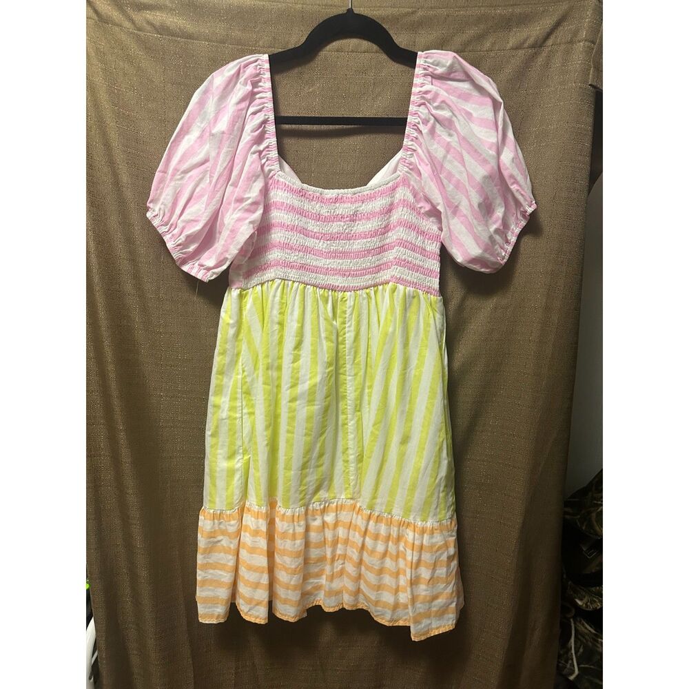 NWT In February Striped Block Mini Babydoll Dress Size Large In Sherbet Multi